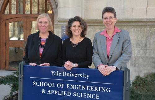The expanded Department of Computer Science will be part of the Yale School of Engineering and Applied Sciences (SEAS). Pictured are (from left) Joan Feigenbaum, department chair; Tamar Gendler, dean of the Faculty of Arts and Sciences; and T. Kyle Vanderlick, dean of SEAS. (Photo by Michael Marsland)