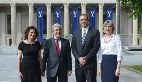 From left, Tamar Gendler, dean of the Faculty of Arts and Sciences; President Peter Salovey; Jonathan Holloway, dean of Yale College; and Lynn Cooley, dean of the Graduate School of Arts and Sciences. (Photo by Michael Marsland)