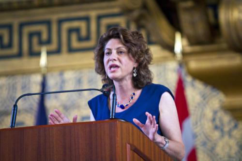 Tamar Gendler ’87 emphasized balancing diverse perspectives in her freshman orienta- tion keynote address Tuesday. Photo by Philipp Arndt .