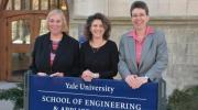The expanded Department of Computer Science will be part of the Yale School of Engineering and Applied Sciences (SEAS). Pictured are (from left) Joan Feigenbaum, department chair; Tamar Gendler, dean of the Faculty of Arts and Sciences; and T. Kyle Vanderlick, dean of SEAS. (Photo by Michael Marsland)
